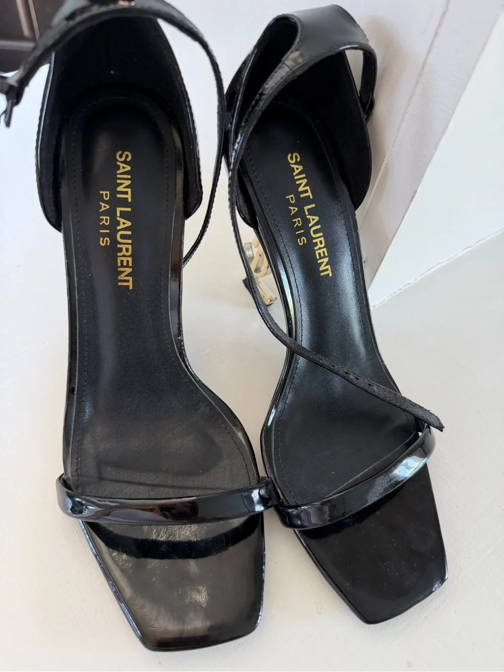 Saint Laurent Black Patent Leather Heeled Sandals with Gold YSL Heel - Picture 4 of 5